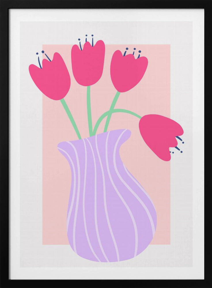 Vibrant Tulips in a Striped Lavender Vase | Poster