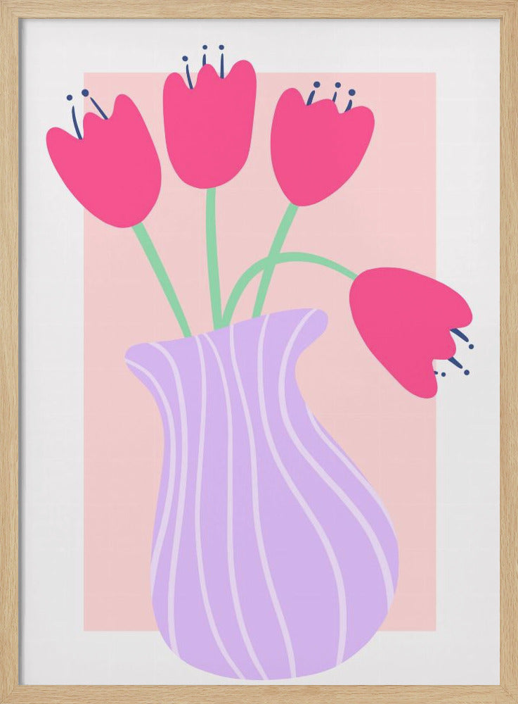 Vibrant Tulips in a Striped Lavender Vase | Poster