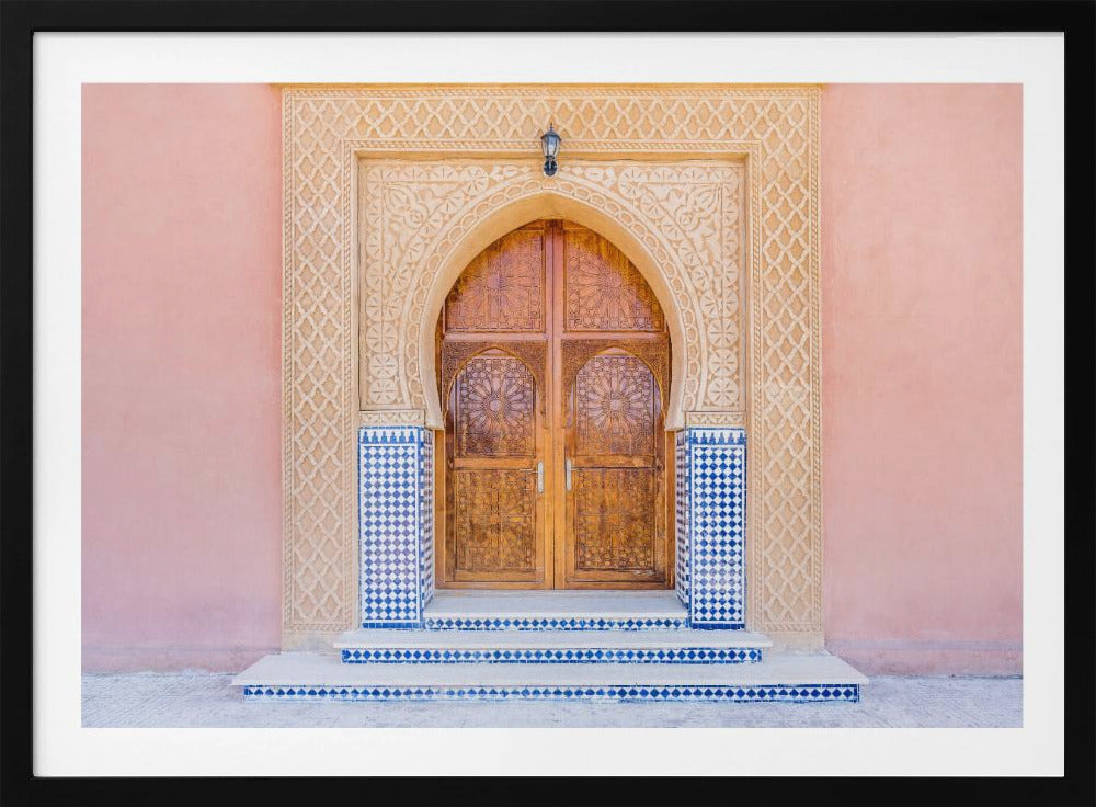Brown door, blue tiles, pink wall in Morocco | Poster