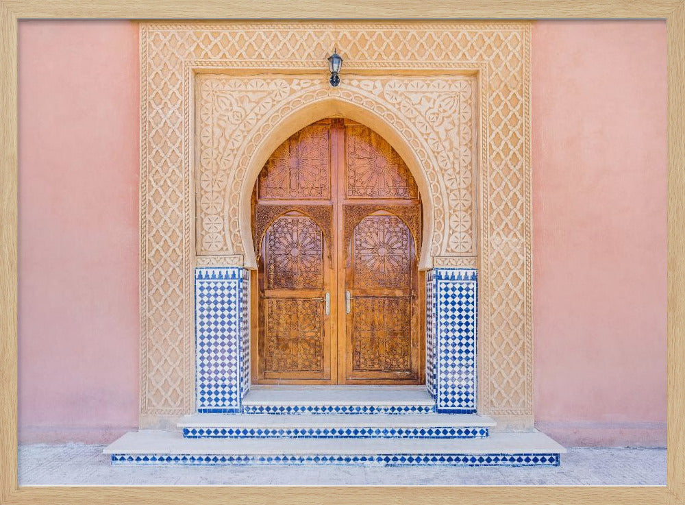 Brown door, blue tiles, pink wall in Morocco | Poster