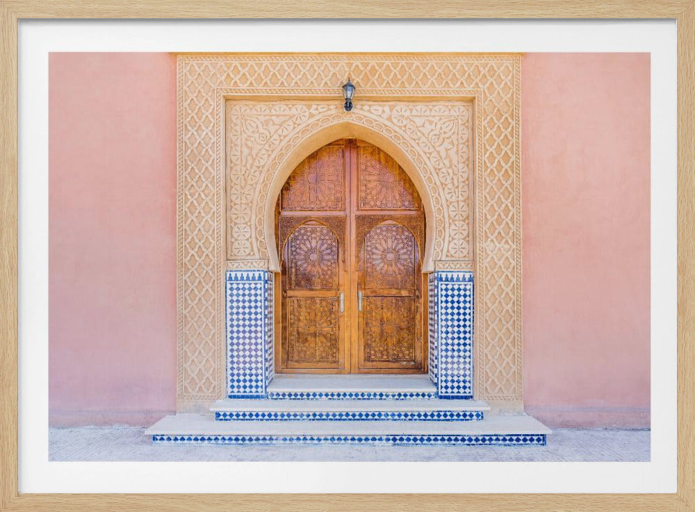 Brown door, blue tiles, pink wall in Morocco | Poster