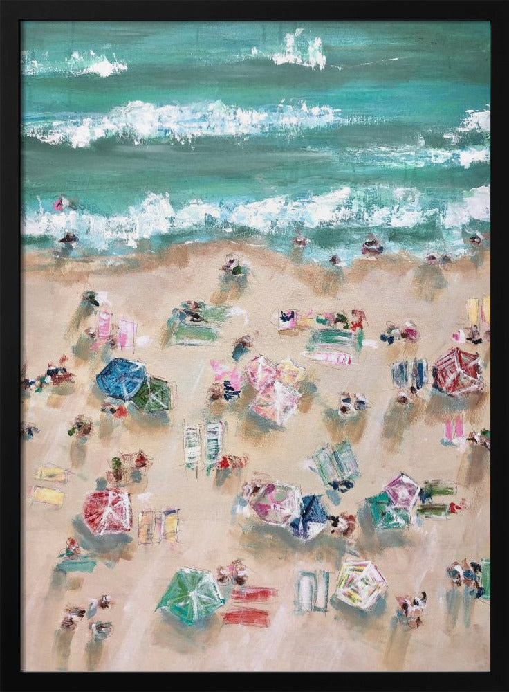 Colorful Umbrellas and Sunbathers on a Sandy Shore | Poster