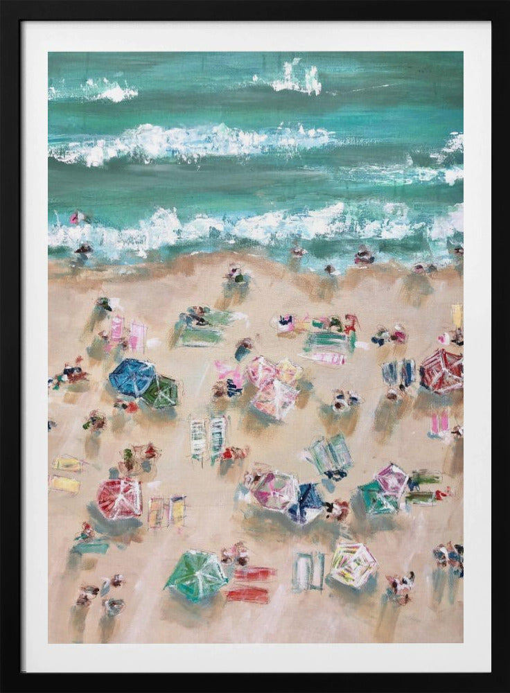 Colorful Umbrellas and Sunbathers on a Sandy Shore | Poster