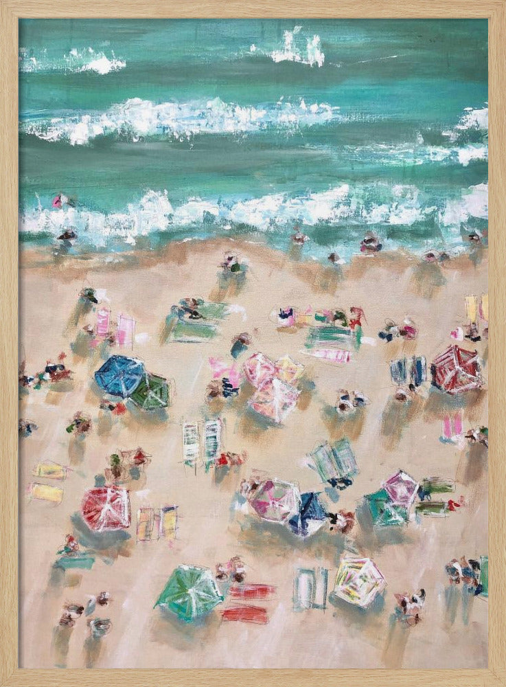 Colorful Umbrellas and Sunbathers on a Sandy Shore | Poster