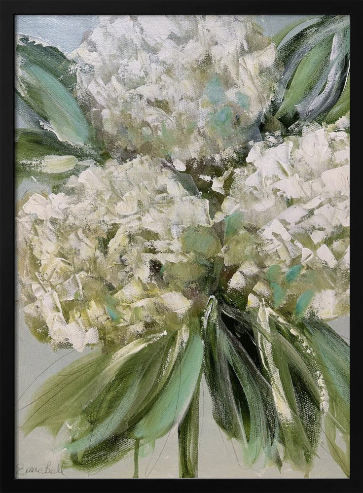 White Hydrangeas with Lush Green Leaves | Poster