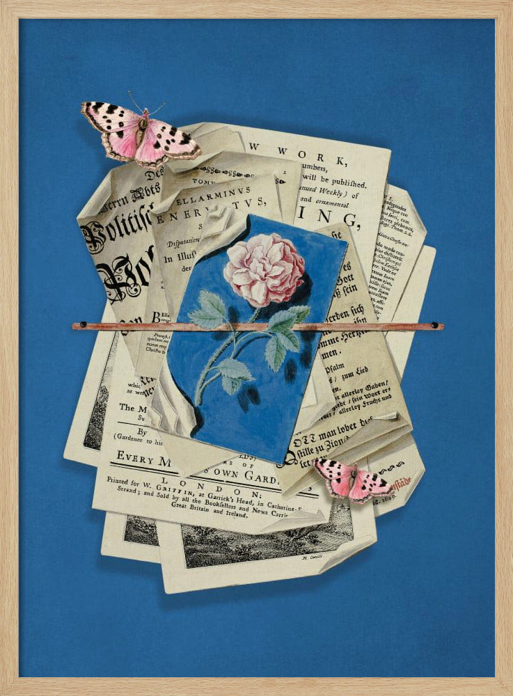 Pink Rose Surrounded By Vintage Paper | Poster
