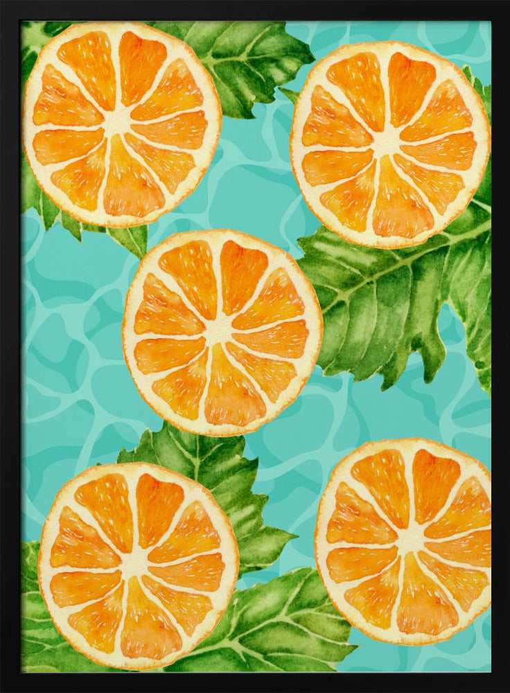 Vibrant Aesthetic Pattern of Orange Slices and Leaves - Refreshing Summer Watercolor | Poster