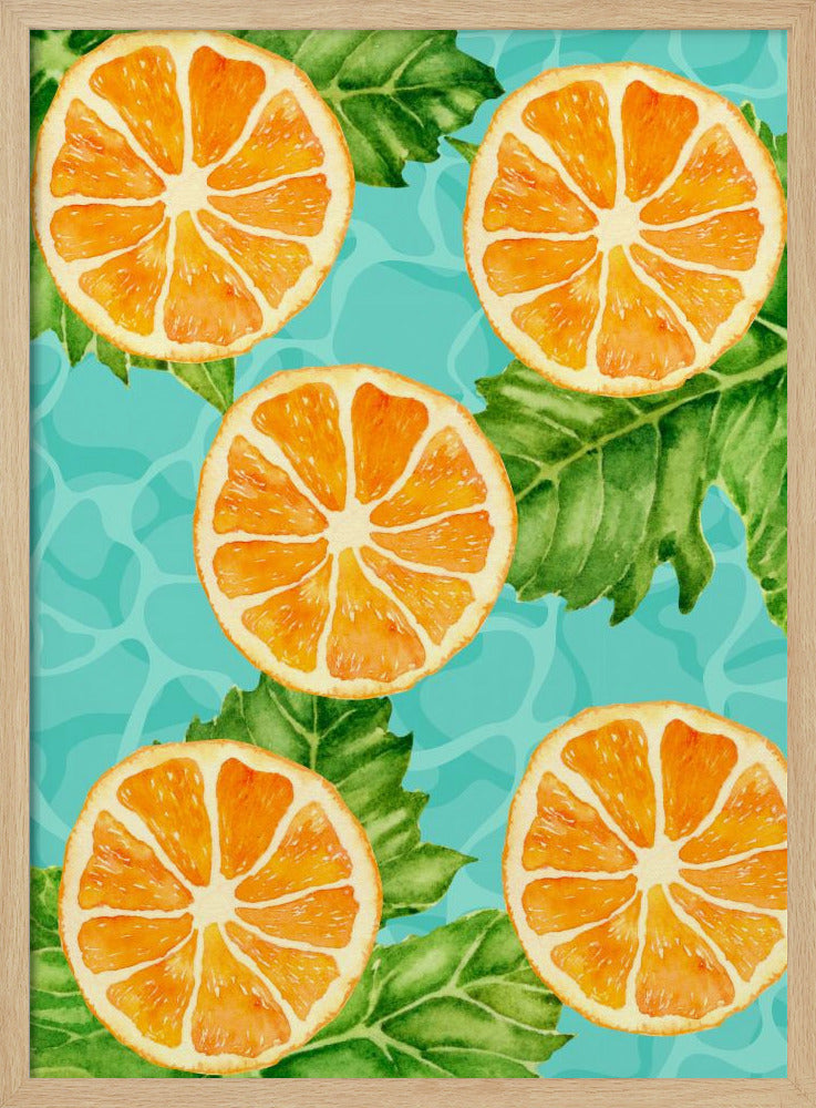 Vibrant Aesthetic Pattern of Orange Slices and Leaves - Refreshing Summer Watercolor | Poster