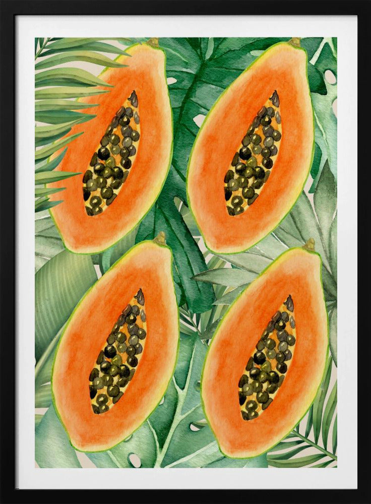 Exotic Papaya and Lush Green Leaves Aesthetic Pattern - Tropical Botanical Watercolor | Poster