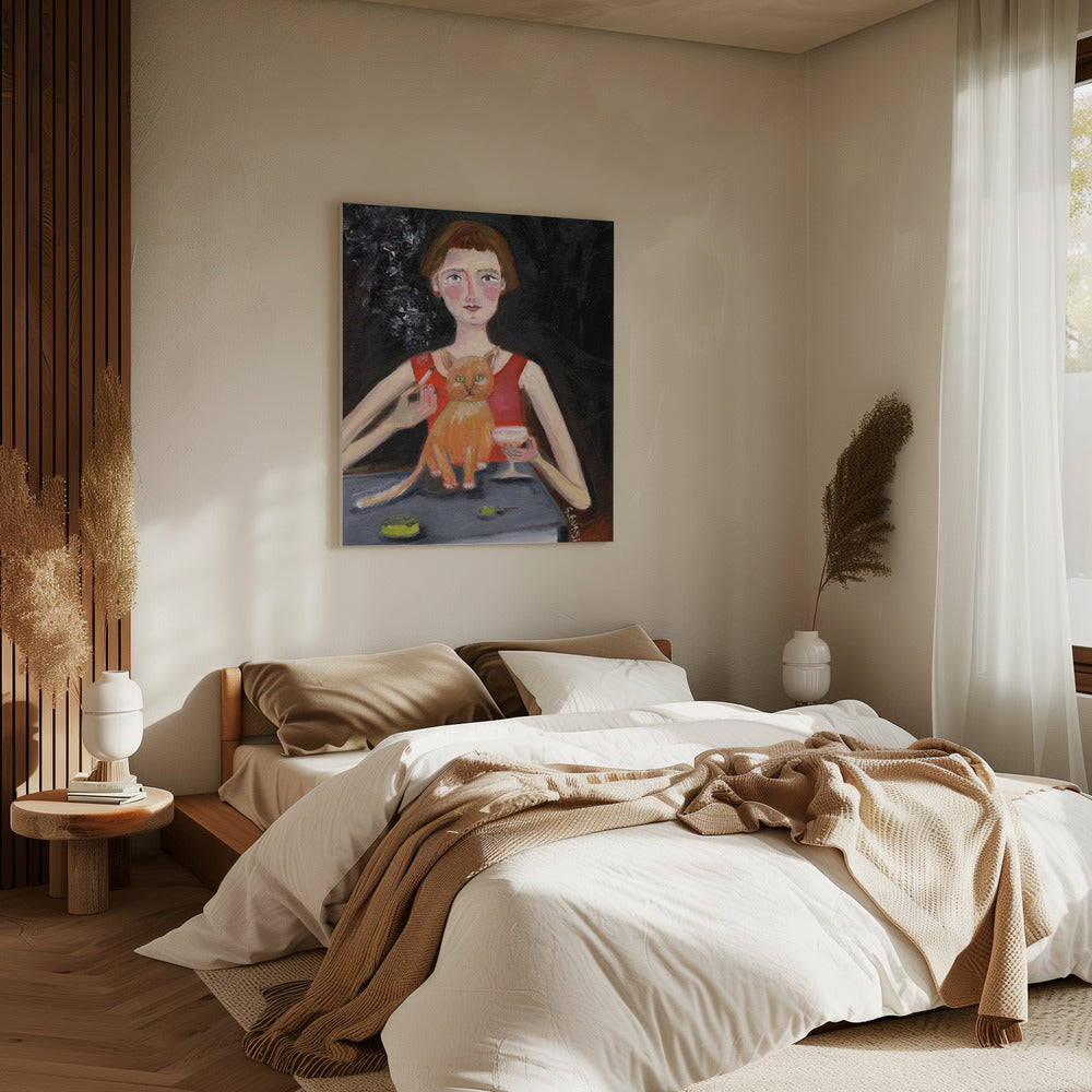 Vintage woman with cocktail and cat | Canvas