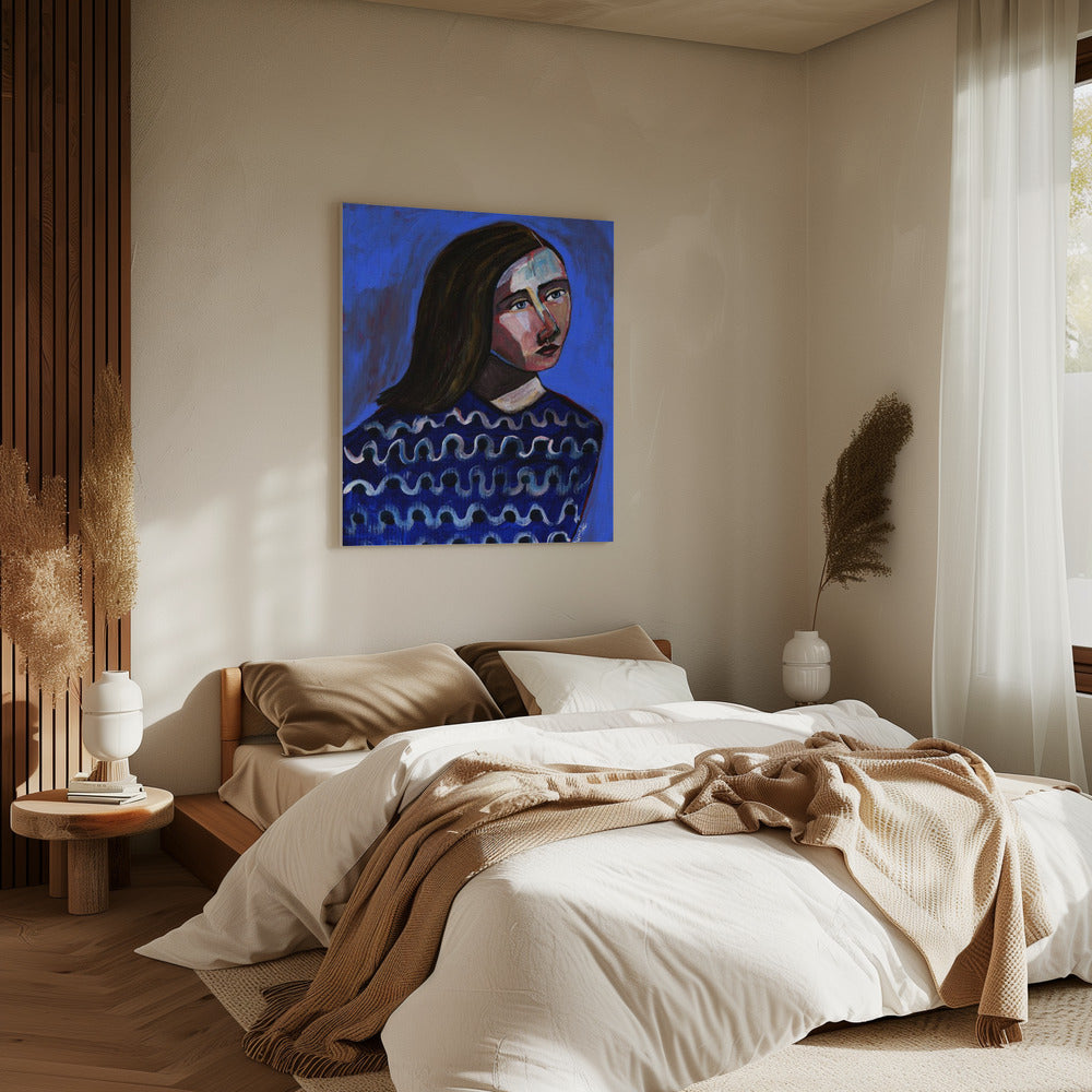 Woman in Blue Sweater Naive Portrait Figurative | Canvas