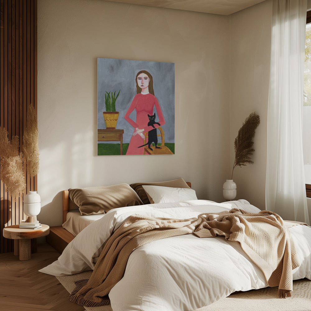 Cat Lady with Black Cat | Canvas