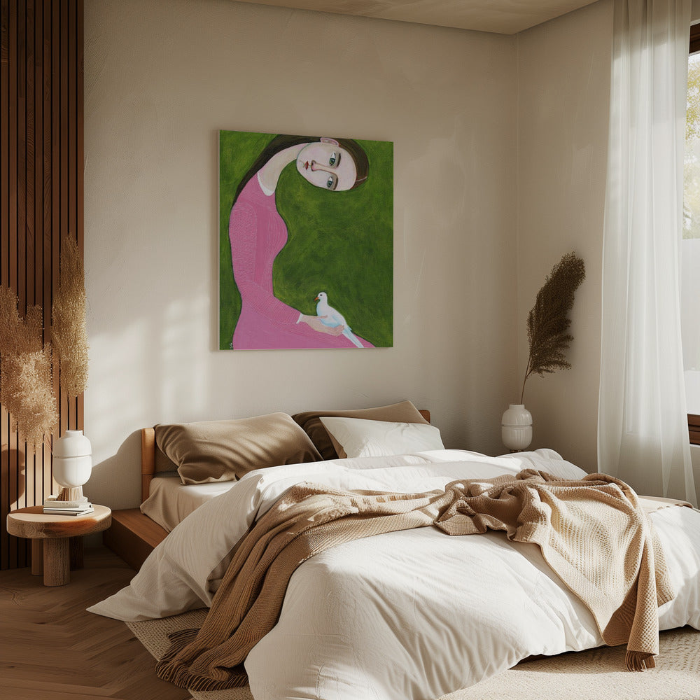 Girl with Dove sitting with pink dress | Canvas