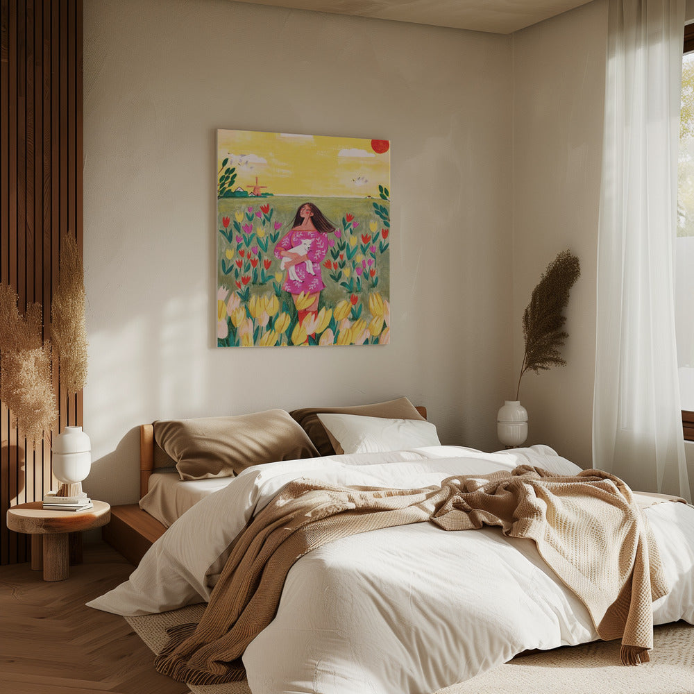 Woman in spring tulip field | Canvas