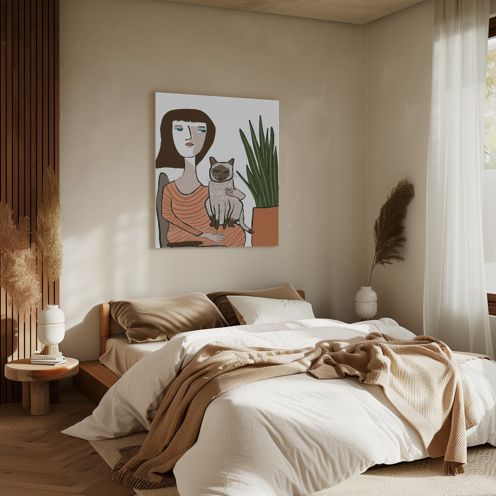 Girl with Siamese cat | Canvas