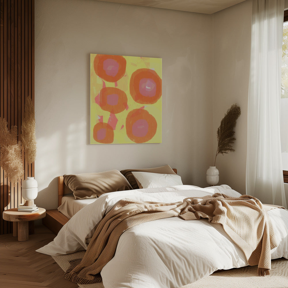 Abstract Painting. Boho roses in orange and pink on yellow. | Canvas