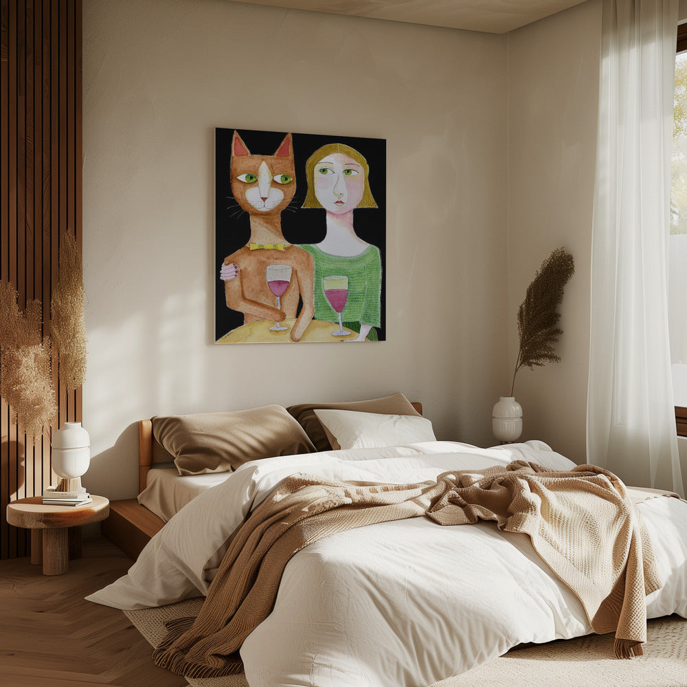 Best Friends Cat and Lady drinking wine | Canvas