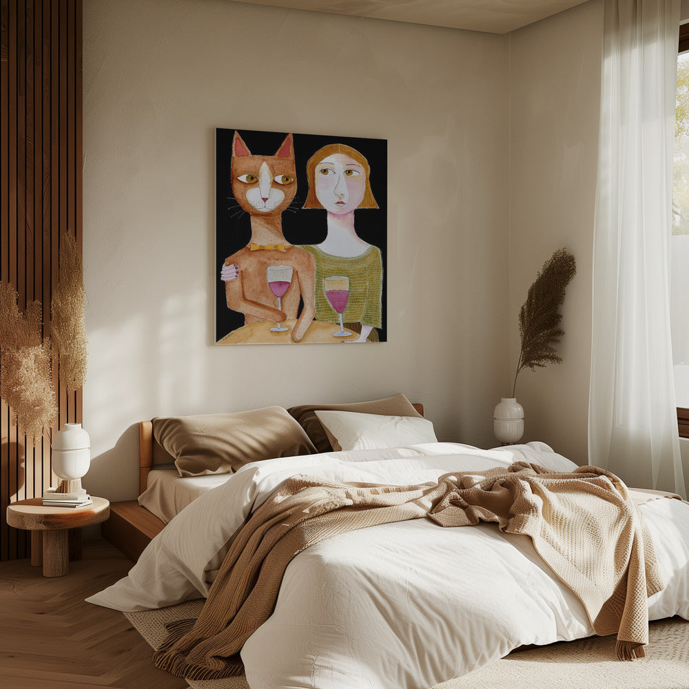 Best Friends Cat and Lady drinking wine | Canvas