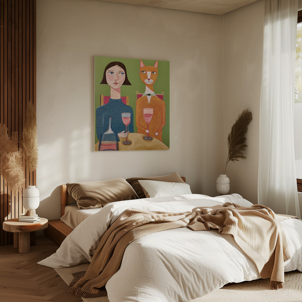 Lady and Cat Drinking Wine | Canvas