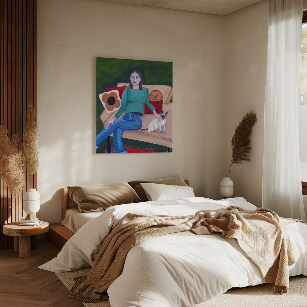 Lady sitting with Siamese Cat | Canvas