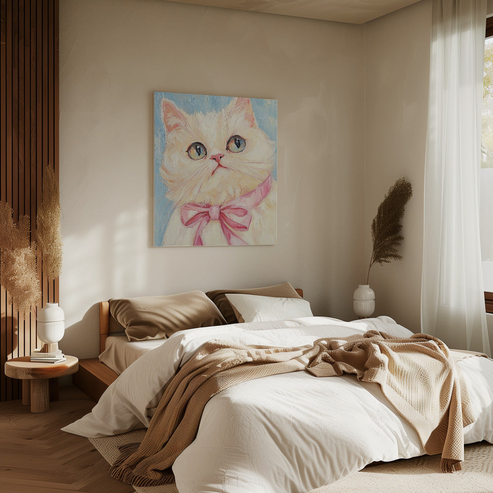 Pink Bow White Cat | Canvas