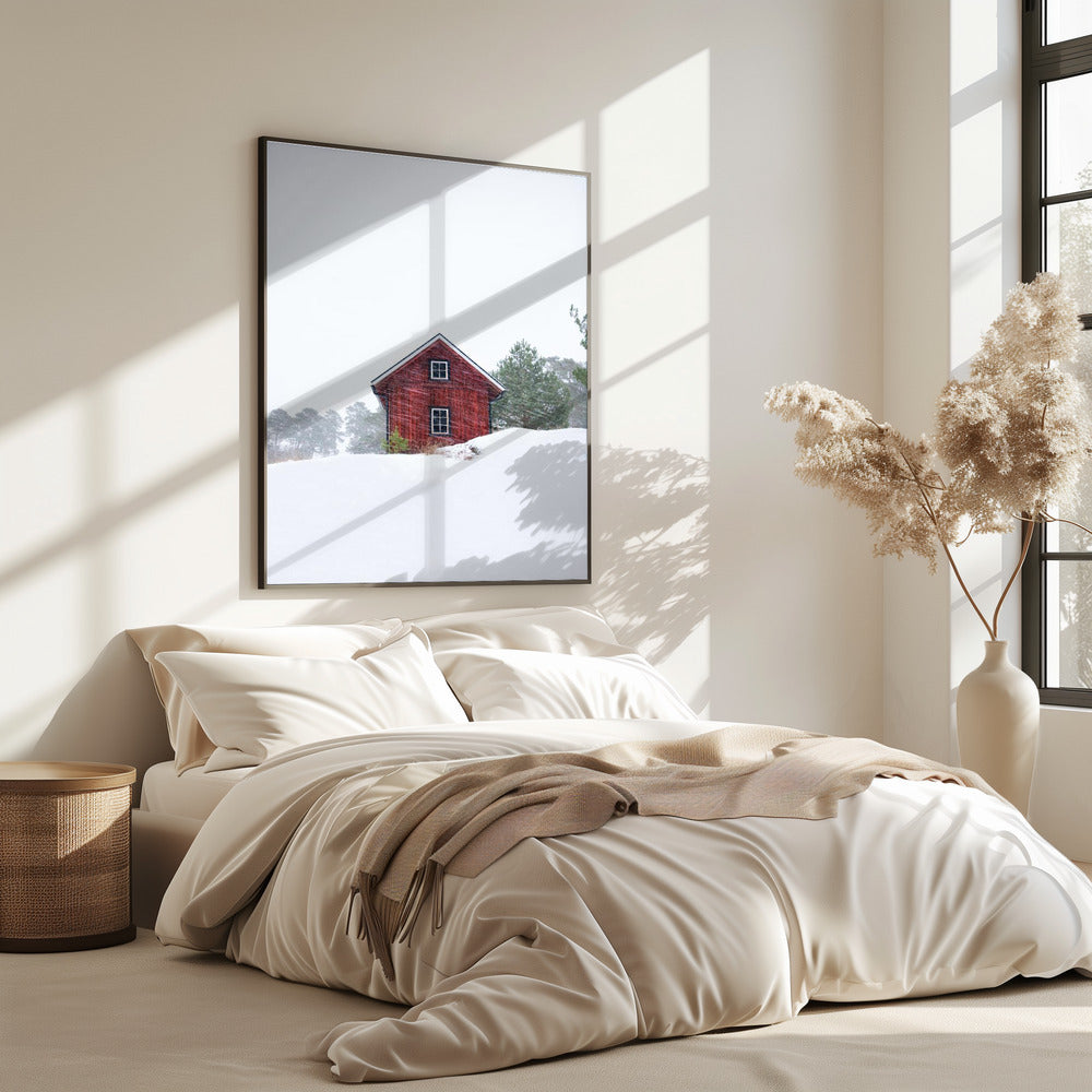 Old red house during snowstorm | Poster