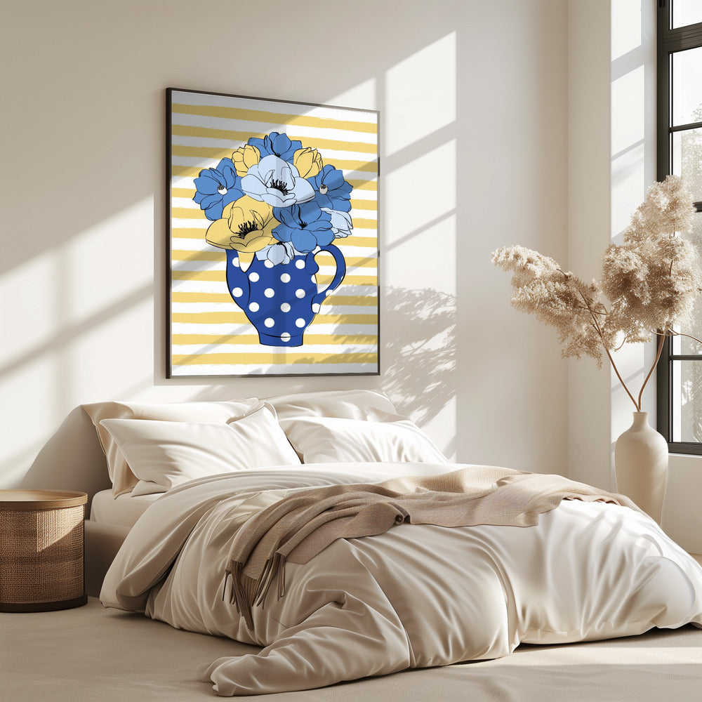 Blue and Yellow Flowers in a Polka Dot Vase | Poster