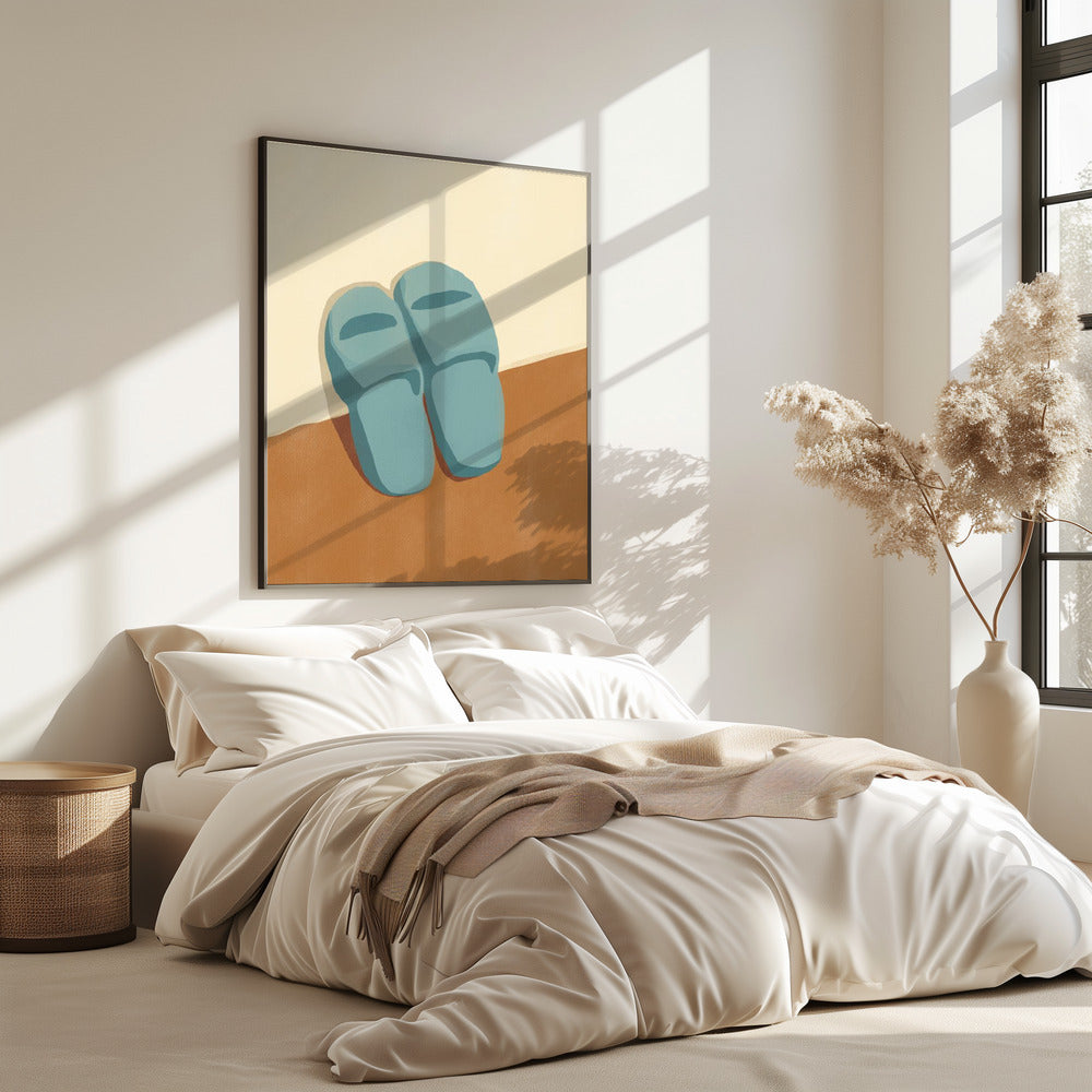 Blue Slippers On A Brown And Beige Background | Poster