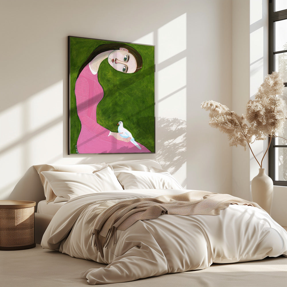 Girl with Dove sitting with pink dress | Poster