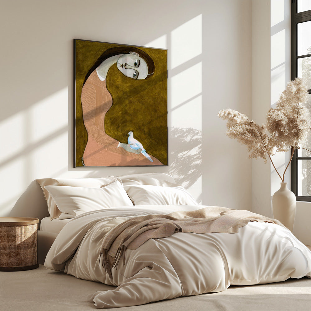 Girl with Dove sitting with pink dress | Poster