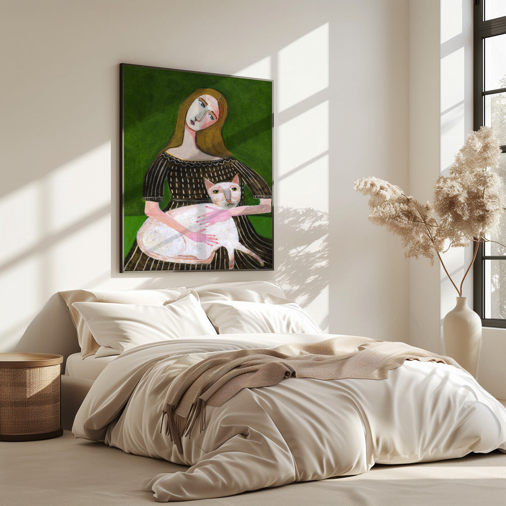 vintage lady with white cat | Poster