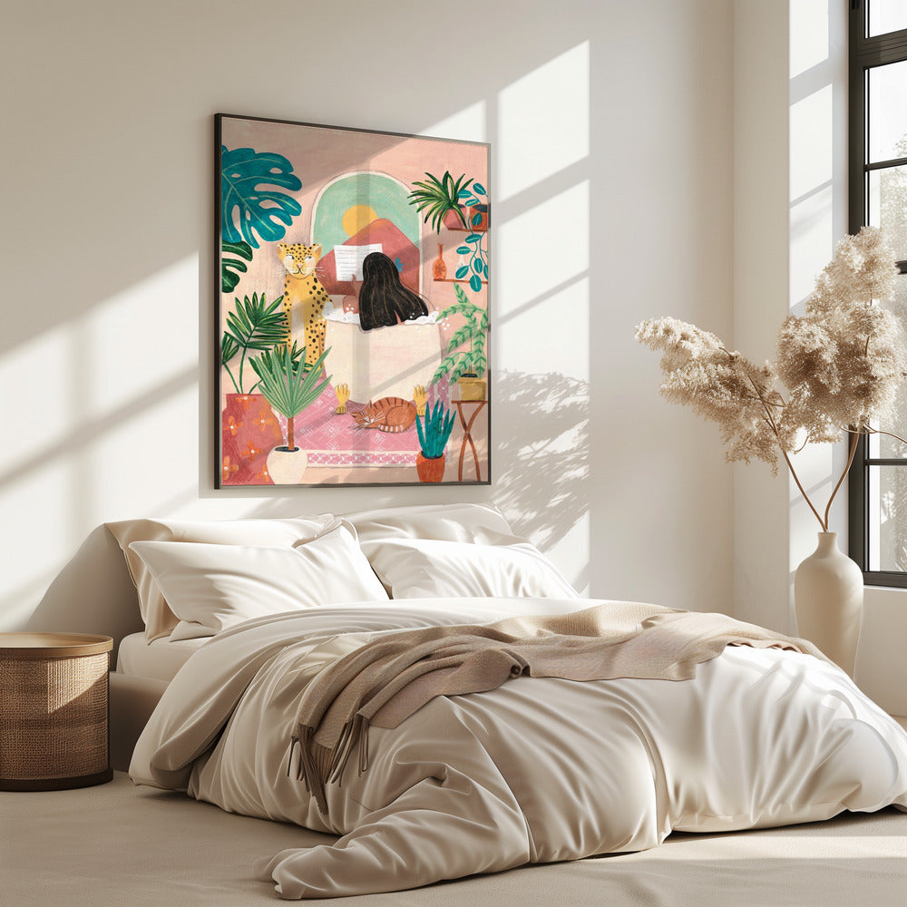 Woman taking bath in pink tropical bathroom | Poster