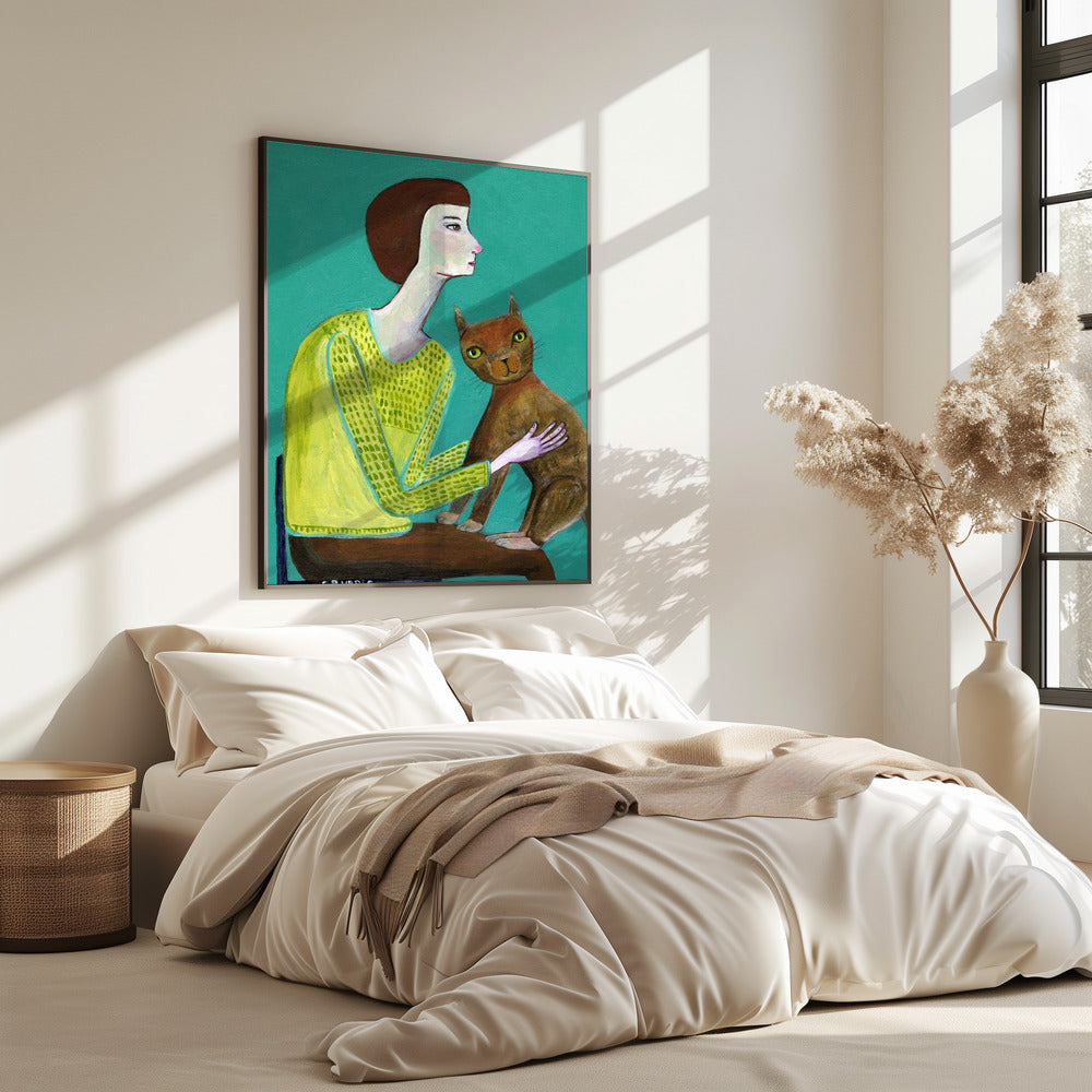 Lady Sitting with Brown Cat Cat Lover | Poster