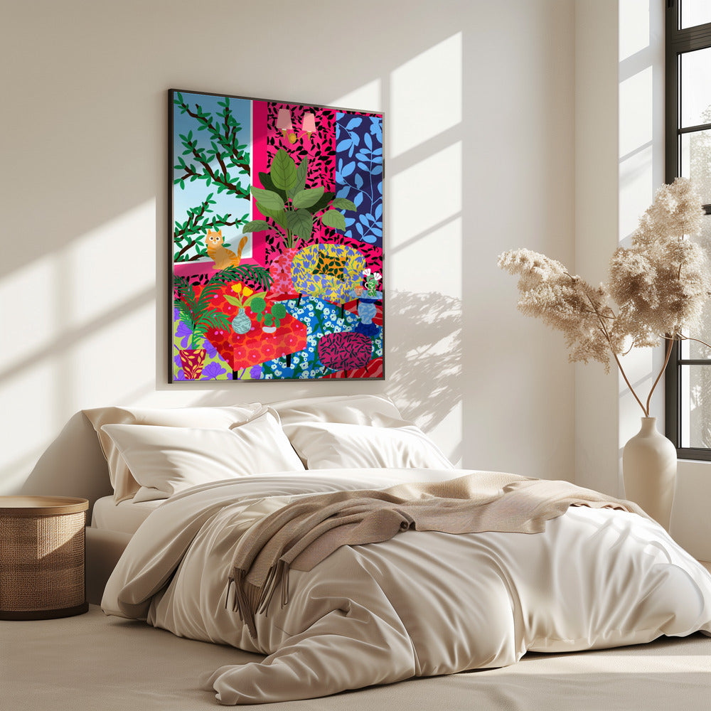 Cat in Flower Power Livingroom | Poster