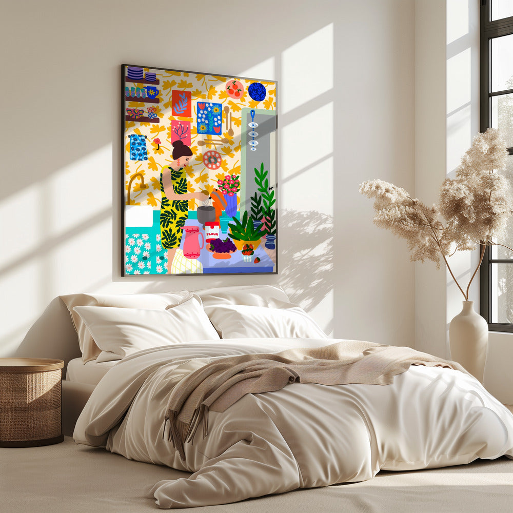 A Woman In A Kitchen With Flowers | Poster