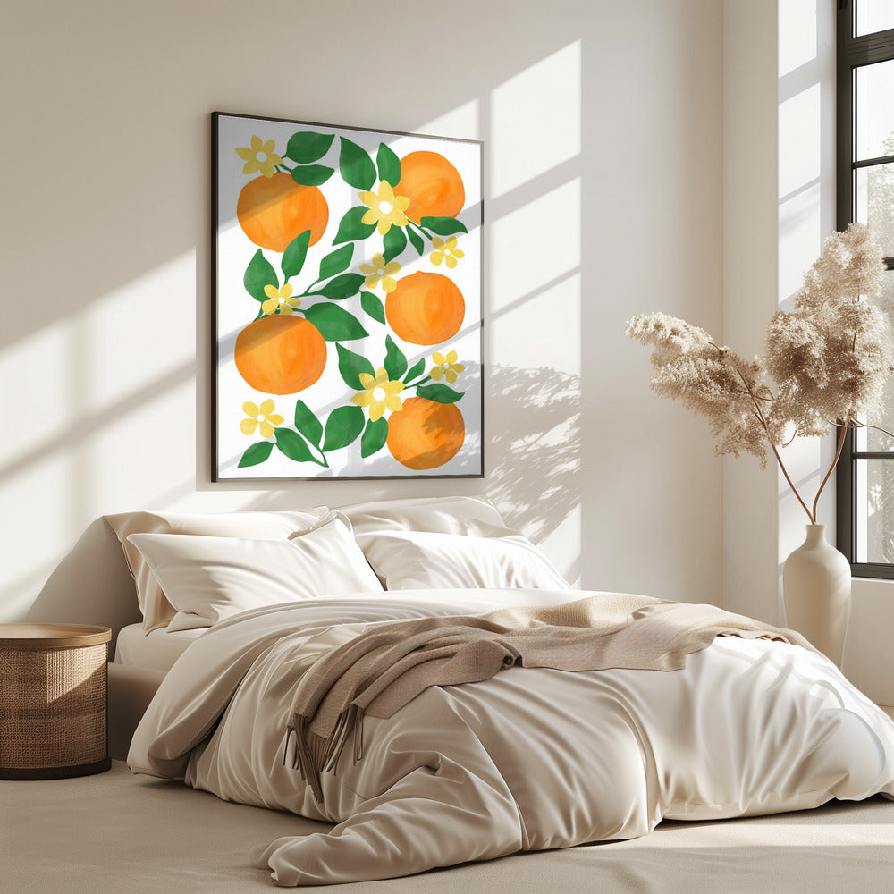 Oranges with Green Leaves and Delicate Yellow Flowers | Poster