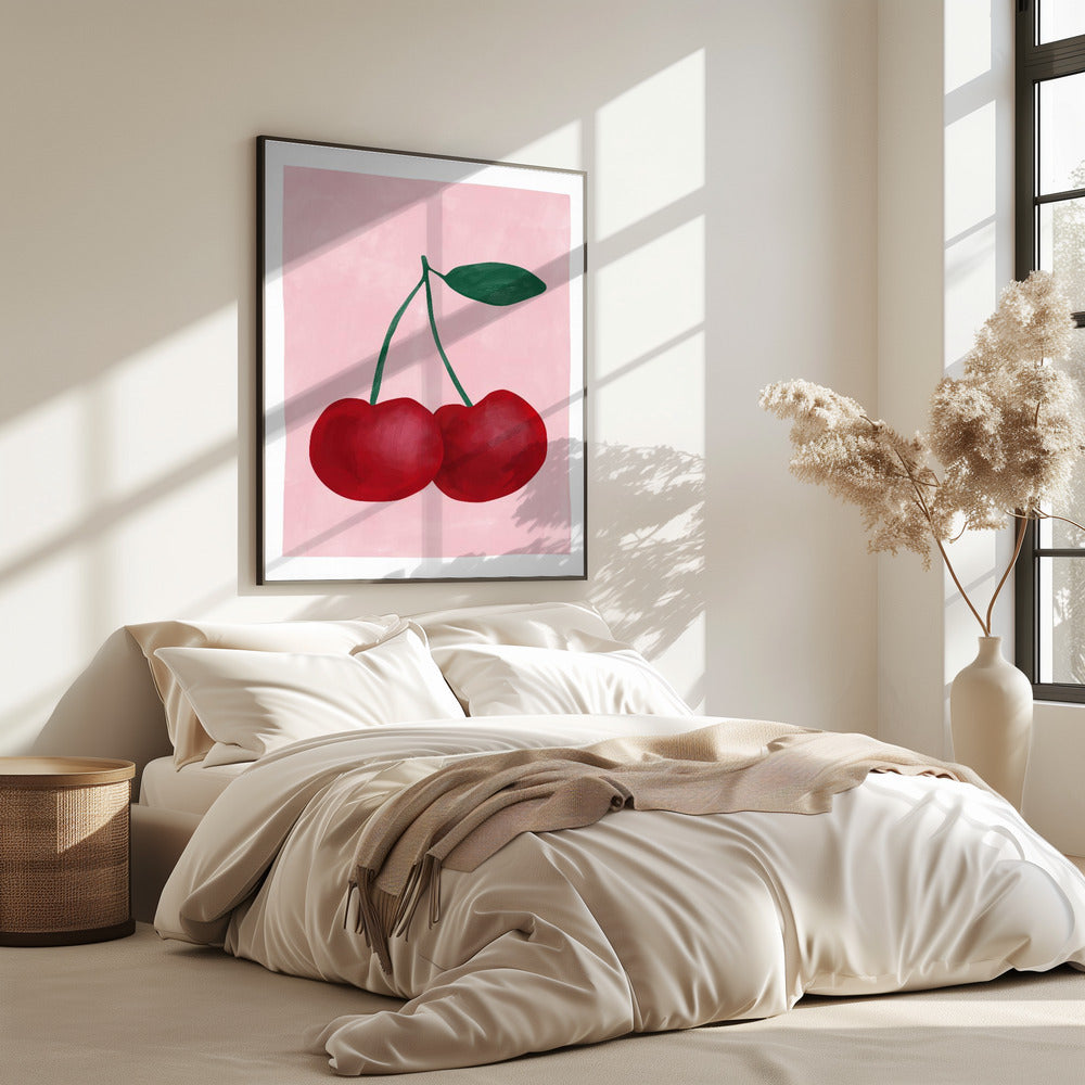 Red Cherries with a Green Leaf | Poster