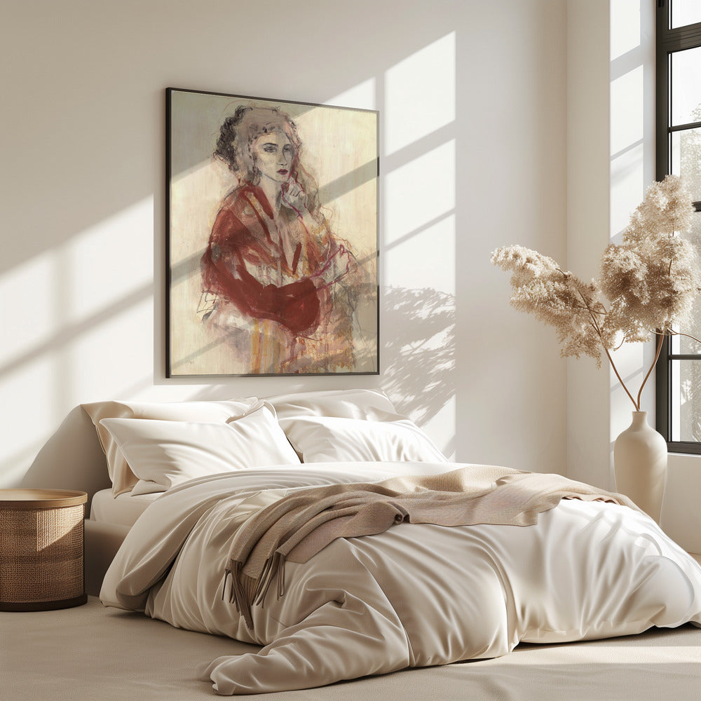 Contemplative Woman In Warm Red Tones | Poster