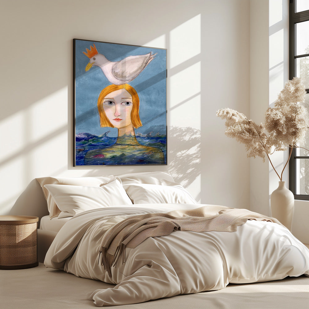 Lady swimmer with seagull | Poster