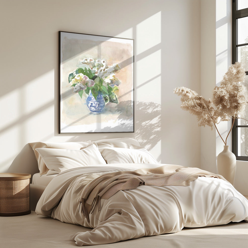 White lilacs in a vase watercolor. | Poster