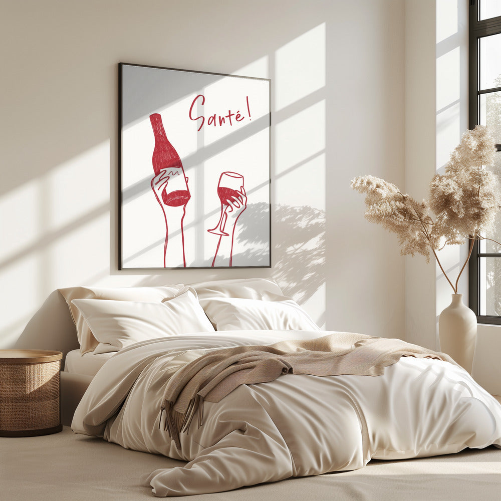 Hands holding a wine bottle and a wine glass with the text &quot;Cheers!&quot; in French | Poster