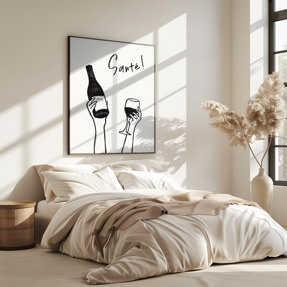 Hands holding a wine bottle and a wine glass with the text &quot;Cheers!&quot; in French | Poster