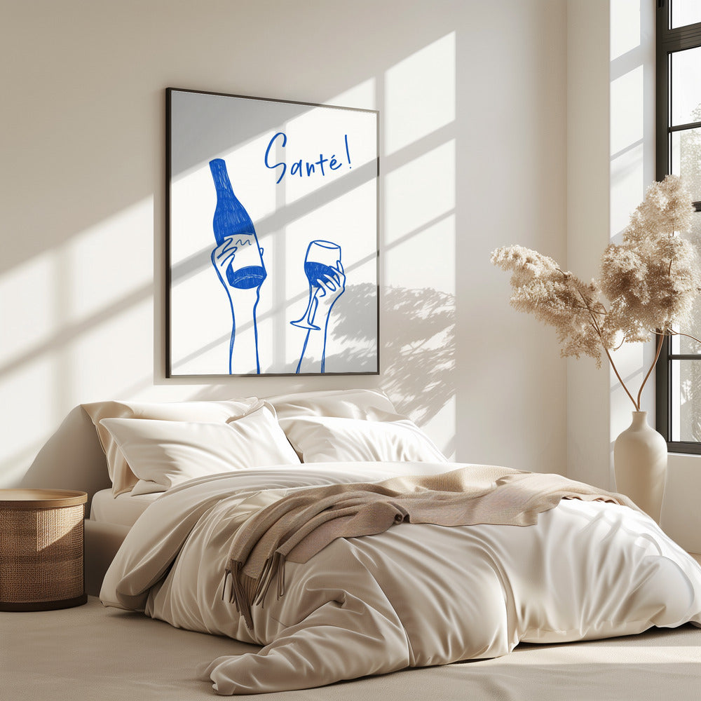 Hands holding a wine bottle and a wine glass with the text &quot;Cheers!&quot; in French | Poster