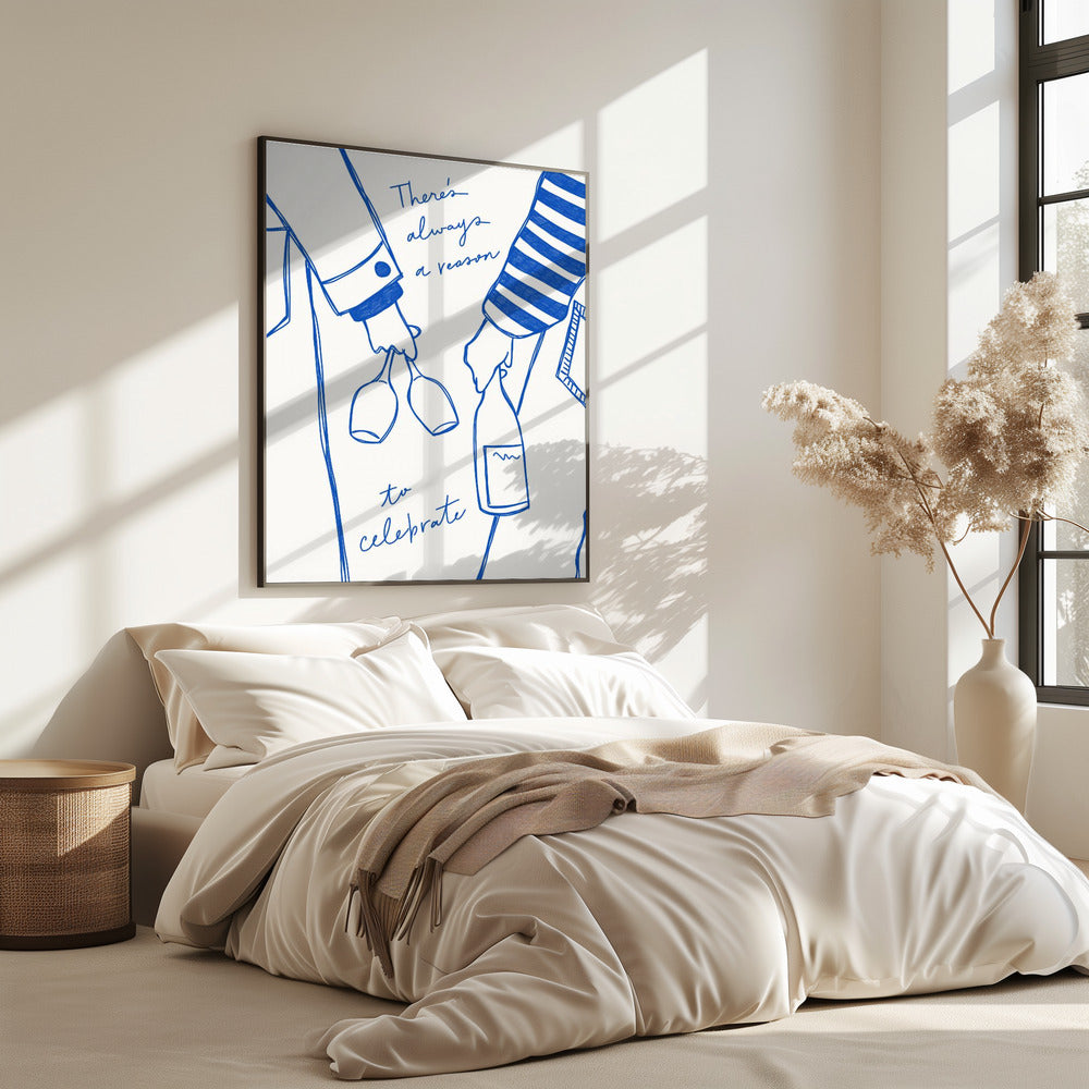 Woman holding wine bottle and wine glass (Blue) - Wine Vin Femme Bleu | Poster