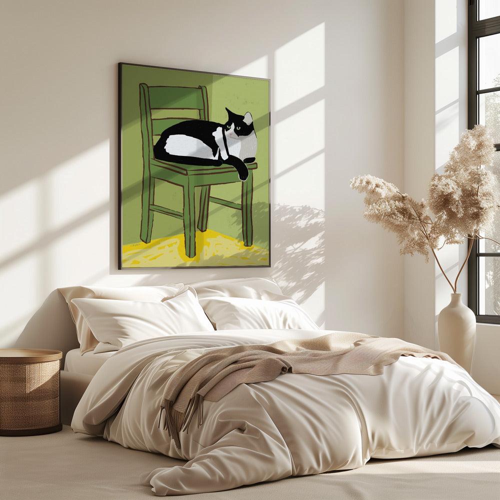 Tuxedo cat sitting on chair | Poster