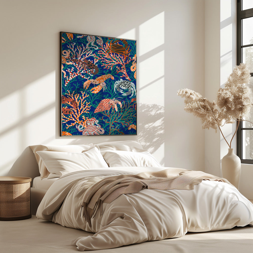 Vibrant coral reef blue and orange pattern | Poster