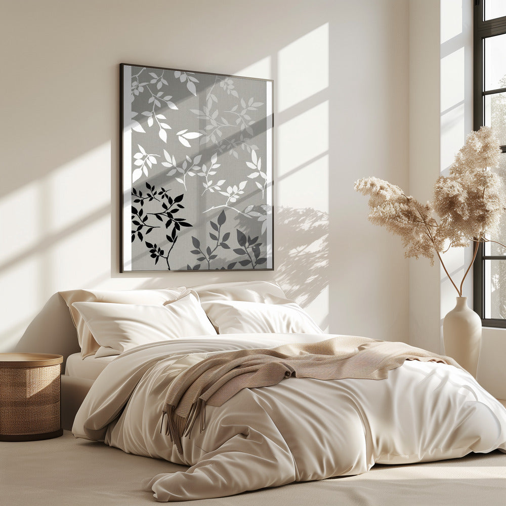 White Grey Black Leaves On Linen 1 | Poster