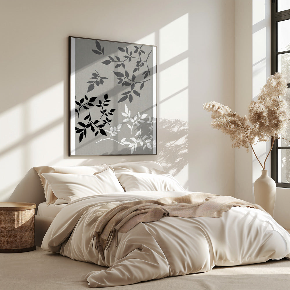 White Grey Black Leaves On Linen 2 | Poster