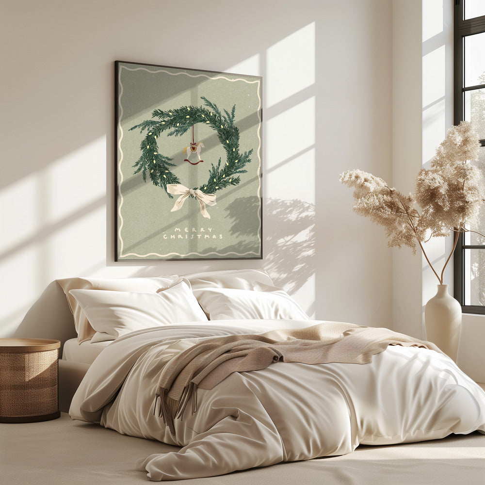 Horses toy on Christmas wreath with bow | Poster