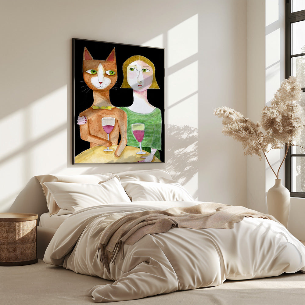 Best Friends Cat and Lady drinking wine | Poster